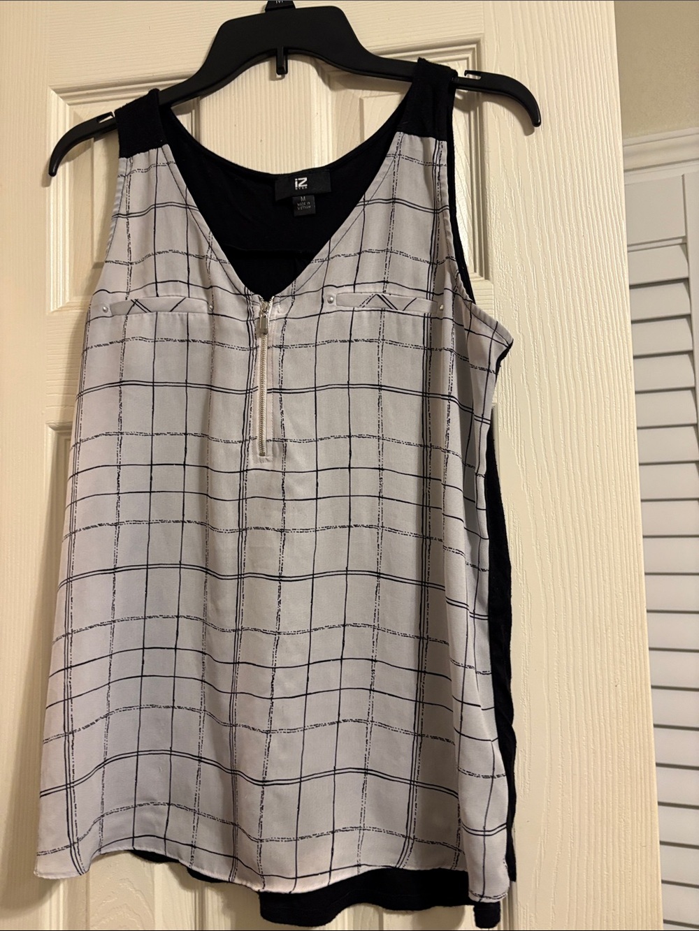 Iz Byer Black and White Windowpane Zip Front Tank